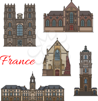 French travel landmark icon with thin line building of Rennes. Rennes City Hall, St Germain Church and Rennes Cathedral, Chapel St Yves and Basilica St Sauveur for European tourism design