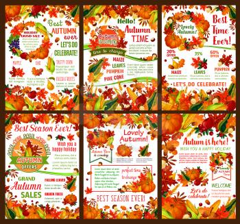 Autumn harvest seasonal sale offer banner template set. Fall leaf, pumpkin and corn vegetable, apple fruit, orange maple foliage, mushroom, acorn and berry promotion banner for Thanksgiving Day design