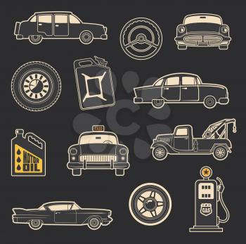 Retro car and transport icons of old taxi, wheel and tow truck, motor oil and gasoline can, steering wheel and gas pump. Vintage vehicle and transportation service themes design