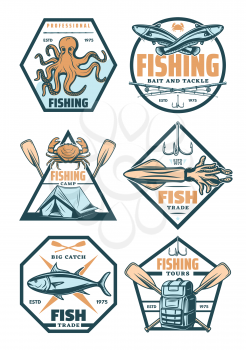 Fishing retro badges with fish and fisherman tackle. Salmon, fishing rod and hook, crab, squid and octopus sea animal, paddle, tent and backpack vintage symbols for fisher sport club emblem design