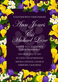 Wedding invitation card with floral frame of spring flower. Blooming crocus, calla lily, jasmine and pansy flower border with green leaf branch for engagement ceremony invite banner design