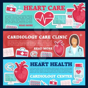 Cardiology medicine banner for heart health care and cardiac clinic. Cardiologist doctor, heart and stethoscope, pill, syringe and grug, ecg test and heartbeat pulse flat poster for hospital design