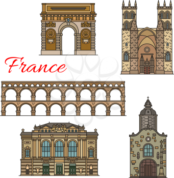 French travel landmark icons set for European tourism design. Thin line Gate Montpellier, Roman Catholic Cathedral of St Peter and St Aurelien Chapel, Montpellier Opera and old Aqueduct