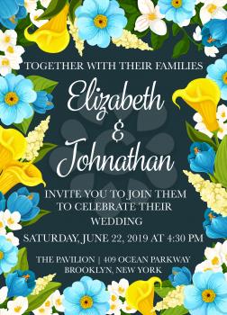 Wedding invitation floral banner for engagement ceremony celebration design. Flower frame of crocus, calla lily and blooming jasmine branch, green leaf and spring blossom with text layout in center