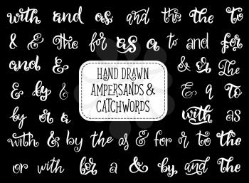 Ampersand and catchword lettering of vintage hand drawn font. Calligraphy type with retro alphabet letter typeface for wedding invitation or greeting card typography design