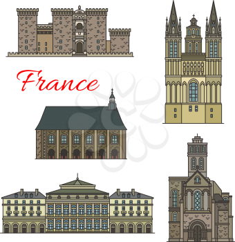 French travel landmark icons set of historical and religious tourist sight. Church of St Trinite, Abbey of Ronceray and Angers Castle, St Maurice Cathedral and Rouen Opera House