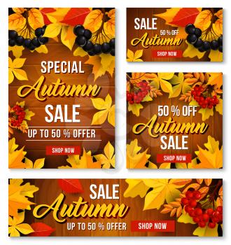 Autumn sale poster, web banner and leaflet templates for seasonal shopping or online store discount promo design. 50 percent price fall off with maple leaf, oak acorn or rowanberry on wood background