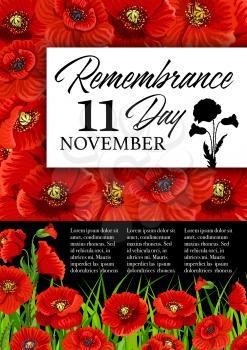 Remembrance Day poppy bunch memorial card template. Red poppy flower and green grass field banner for World War soldier and veteran Memory Day anniversary design