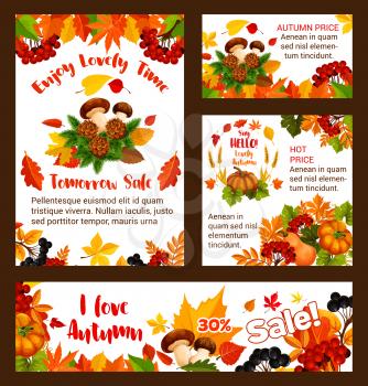 Autumn sale posters and web banners templates for seasonal online shopping or 30 percent discount promo store leaflet. Vector bestseller design of pumpkin, autumn maple leaf fall and oak acorn