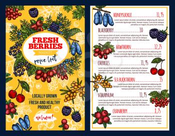 Fresh berries market price list. Colorful vector price for honeysuckle and blackberry, hawthorn or cherries, sea buckthorn and viburnum, cranberry. Concept of fresh and healthy product