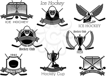 Ice hockey club vector icons for sport tournament cup award symbols. Championship badges set of hockey puck, hockey-stick and goal keeper mask with victory ribbon and champion winner laurel wreath