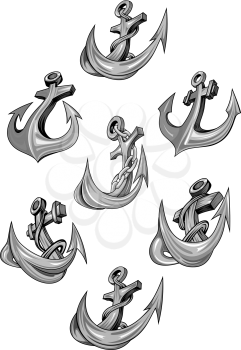 Anchor vector isolated icons set for heraldic design or tattoo. Nautical symbols of ship or vessel metal anchor with sharp arrow edges and sail ropes or chains