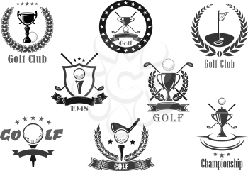 Golf club icons template for championship tournament award. Vector symbols set of golf ball and pin stick, victory goblet or champion winner cup and laurel wreath ribbon and stars