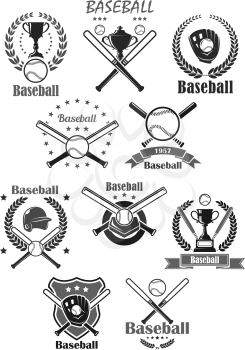 Baseball club or sport tournament icons set. Vector isolated symbols or badges of baseball glove and pin, player helmet and victory award or championship winner cup with ribbon and stars
