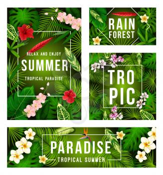 Summer tropical paradise banner with exotic floral frame. Green palm leaf, hibiscus flower and monstera plant, orchid, plumeria and strelitzia poster for summertime vacation, holiday and travel design