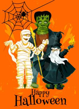 Happy Halloween greeting card design of zombie monster, evil witch sorcerer and dead skeleton. Vector scary spider web for Halloween trick or treat horror holiday party invitation poster