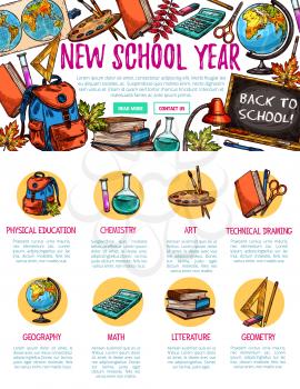 Back to School landing page sketch design poster of education lesson stationery. Vector pencil or ruler and paint brush, chemistry book or biology microscope and geography globe or school blackboard