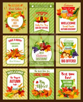 Autumn sale retro poster set of Thanksgiving holiday special offer. Fall harvest pumpkin and corn vegetable, autumn leaf, apple fruit, pie, cornucopia and pilgrim hat banner, decorated by fall foliage