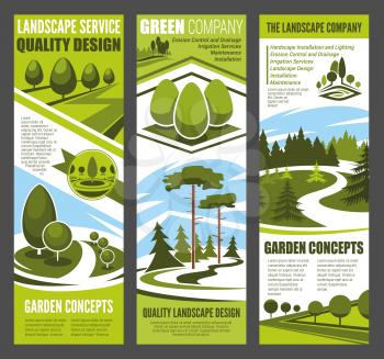 Landscape design company banner for garden planning and lawn care service template. Green nature landscape flyer with summer park tree, plant and grass for landscaping and gardening themes design