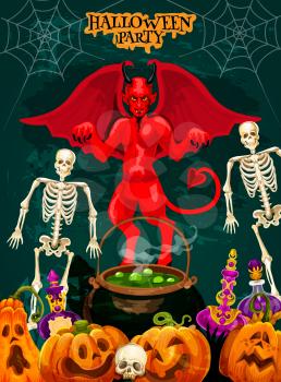 Halloween holiday banner with scary devil. Horror demon and skeletons bend heads over cauldron with potion poster template with spooky pumpkin, skull and spider for Halloween party invitation design