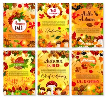Hello Autumn posters design of pumpkin, amanita chanterelle forest mushroom and rowan berry harvest. Vector set of fall pine cone, maple leaf or oak acorn and autumn falling leaves for greeting card