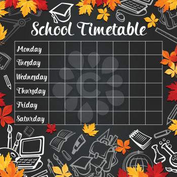 School timetable design of weekly lesson schedule on black chalkboard. Vector chalk, school bag and education stationery supplies chemistry book, microscope or geography globe on blackboard background