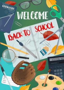 School supplies and student items poster for education and knowledge themes design. Notebook with Back to School lettering, surrounded by book, pencil and calculator, paint, brush and scissors banner