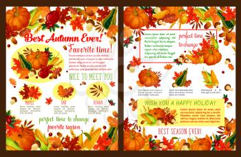 Autumn holiday wish on greeting card or poster. Vector fall harvest of pumpkin, rowan berry or mushroom and autumn foliage, oak acorn, maple leaf or pine and fir tree cone with seasonal quotes