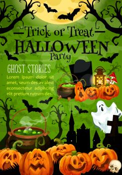 Halloween holiday trick or treat pumpkin banner for horror night party invitation. Spooky ghost, lantern and bat, cemetery gravestone, moon and witch potion festive poster for october holiday design