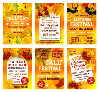 Autumn festival poster template set. Fall season harvest celebration banner, adorned by yellow maple leaf, orange chestnut foliage, rowan and briar berry, pine cone for autumn party invitation design