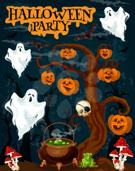 Halloween party invitation banner with horror ghost. Creepy night forest with spooky tree, pumpkin lantern and skeleton skull, ghost, bat and witch potion in cauldron for october holiday poster design