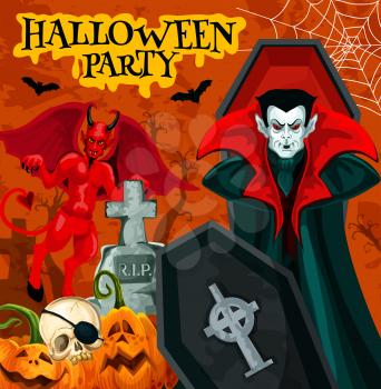 Halloween party poster with october holiday horror vampire. Spooky pumpkin, skeleton skull and bat, fear devil demon, Dracula and cemetery gravestone festive banner for invitation flyer design