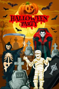 Halloween night party festive banner with horror cemetery under full moon. Scary death skeleton, creepy pumpkin and bat, dracula vampire and mummy with gravestone and coffin for invitation card design