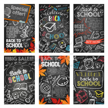 Back to school sale banner on chalkboard template set. School supplies, student stationery and education items chalk sketch on blackboard for discount offer poster and advertising flyer design