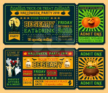 Halloween ticket template for october holiday night party. Admit one ticket design with horror pumpkin lantern, ghost and bat, spooky house, moon and skeleton skull, mummy, zombie and vampire monster