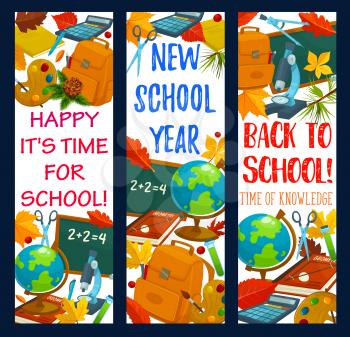 Back to School banners of lesson stationery, school science books, bag and pen or pencil. Vector autumn season September maple leaf on chalkboard, geography globe and mathematics ruler or microscope