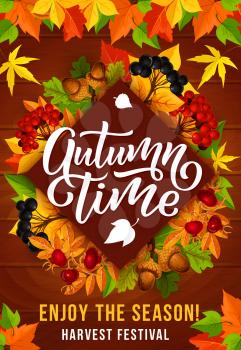 Autumn time harvest festival invitation card. Fallen leaf frame with orange and yellow maple foliage, acorn and briar fruit branches on wooden background for fall season celebration themes design