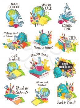 Back to School sketch icons for education autumn season of school bag and book, pencil or ruler and computer or paint brush and notebook. Vector maple or oak leaf design for Welcome Back to School