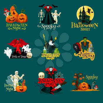 Halloween party or trick or treat night icons for greeting card or invitation design template. Vector Halloween scary pumpkin lantern monster, witch spook or vampire devil and dead zombie skull