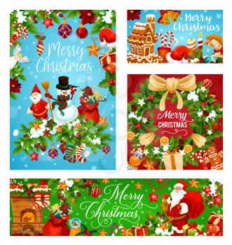 Merry Christmas Holiday greeting card and New Year festive banner. Snowman, Santa and gift bag with present, Xmas tree wreath with bell, ribbon bow and snowflake, star, ball and candy, candle and snow