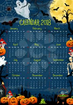 Halloween calendar with horror holiday pumpkin and ghost. 2018 year calendar template, framed with Halloween lantern, bat and moon, spider net, cemetery and skeleton skull, witch potion and gravestone
