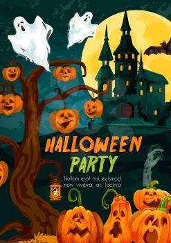 Halloween pumpkin and ghost house festive banner for october holiday night party invitation. Spooky castle, jack o lantern and bat, zombie, creepy cemetery and moon poster for greeting card design