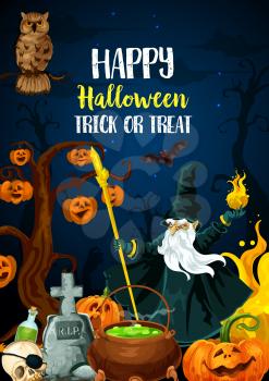 Halloween holiday trick or treat celebration poster. October horror night party invitation banner with spooky pumpkin lantern, bat and skull, evil wizard, owl and witch potion, cemetery and graveyard