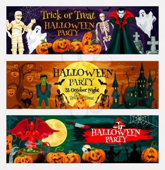 Halloween night party invitation banner of october pumpkin and ghost haunted house. Cemetery with full moon, bat and spider net, skeleton, zombie and vampire, mummy and devil for greeting card design