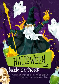 Halloween greeting poster with evil wizard. Fear magician with fireball and stick festive banner, adorned by spooky ghost, skeleton skull and potion bottle for trick or treat night celebration design