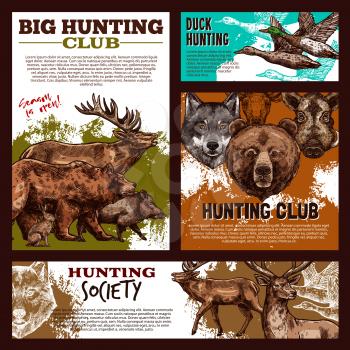 Hunting banner template with wild animal and bird sketch. Forest deer, duck and bear, wolf, reindeer and elk, boar and hare for duck hunting open season poster or hunter sport club promo flyer design