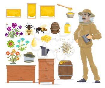Honey bee and beekeeping farm icon set. Bee, honey jar, drop and dipper in bowl, honeycomb frame, flower and apiary beehive, beekeeper in protective suit and hat for apiculture themes design