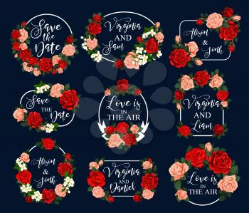Flower frame for wedding greeting card design. Rose and jasmine flower with red, pink and white blossom, ribbon banner and copy space for wedding ceremony invitation and Save the Date card template