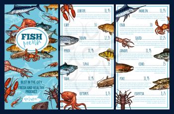Seafood restaurant menu with fish and mollusk. Sketch menu with crab, octopus and lobster, trout and carfish, shrimp, salmon and squid, perch, tuna and marlin, pike, carp, mackerel and flounder