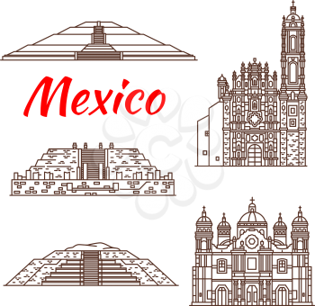 Travel landmark of Mexico thin line icon. Ancient Mexican Aztec Pyramid of Quetzalcoatl, Pyramid of the Sun and Pyramid of the Moon, St Francis Xavier Church and Basilica of Our Lady of Guadalupe